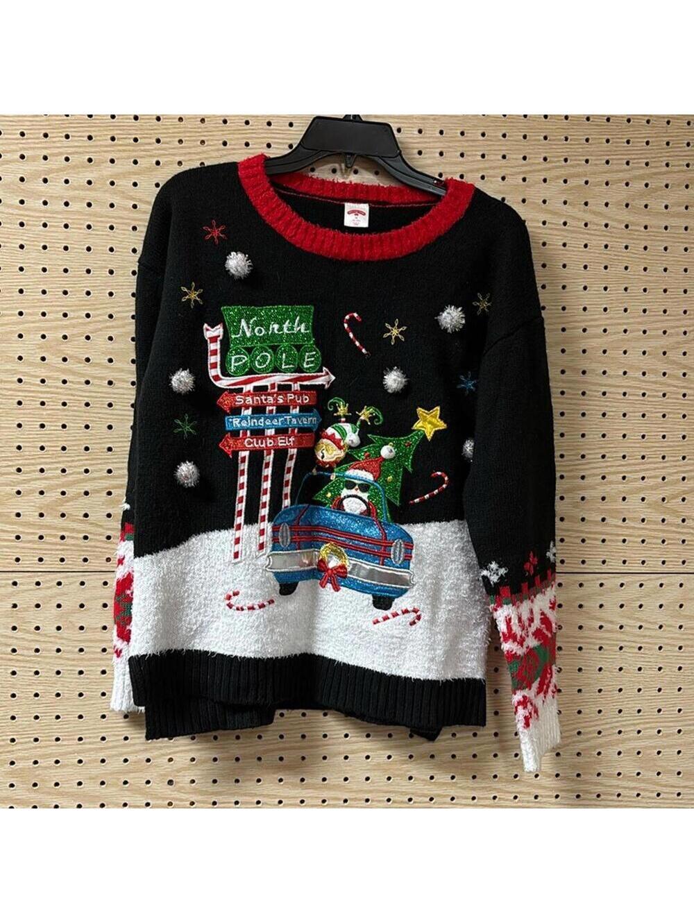 Holiday Time Christmas Santa And Elves Retro Ugly Tacky Sweater Glitter Quirky